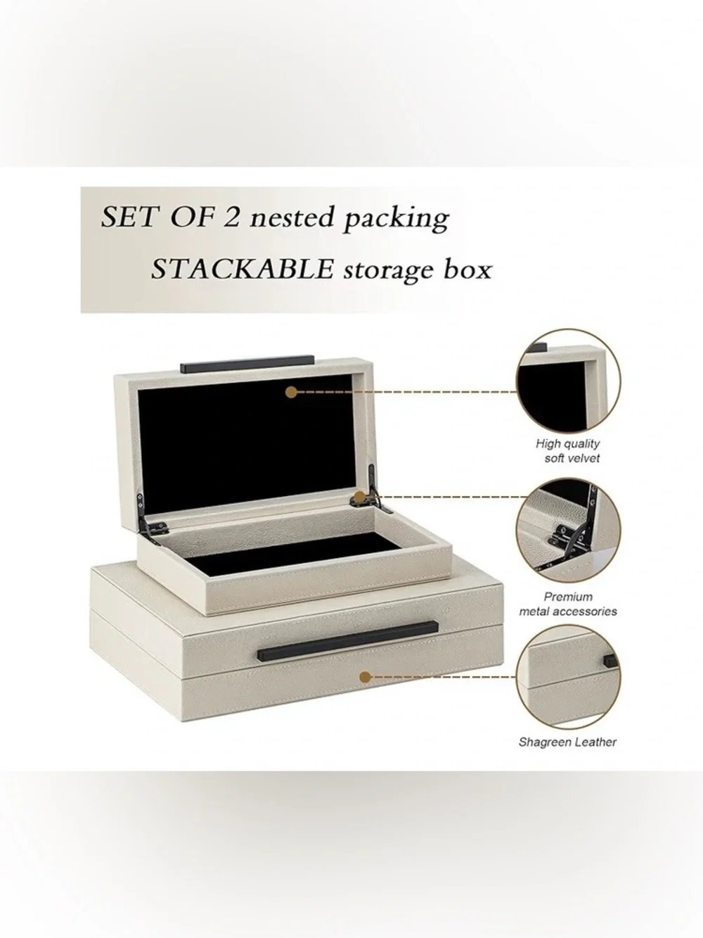 Set of 2 Beige Shagreen Decorative Storage Boxes, Faux Leather, New